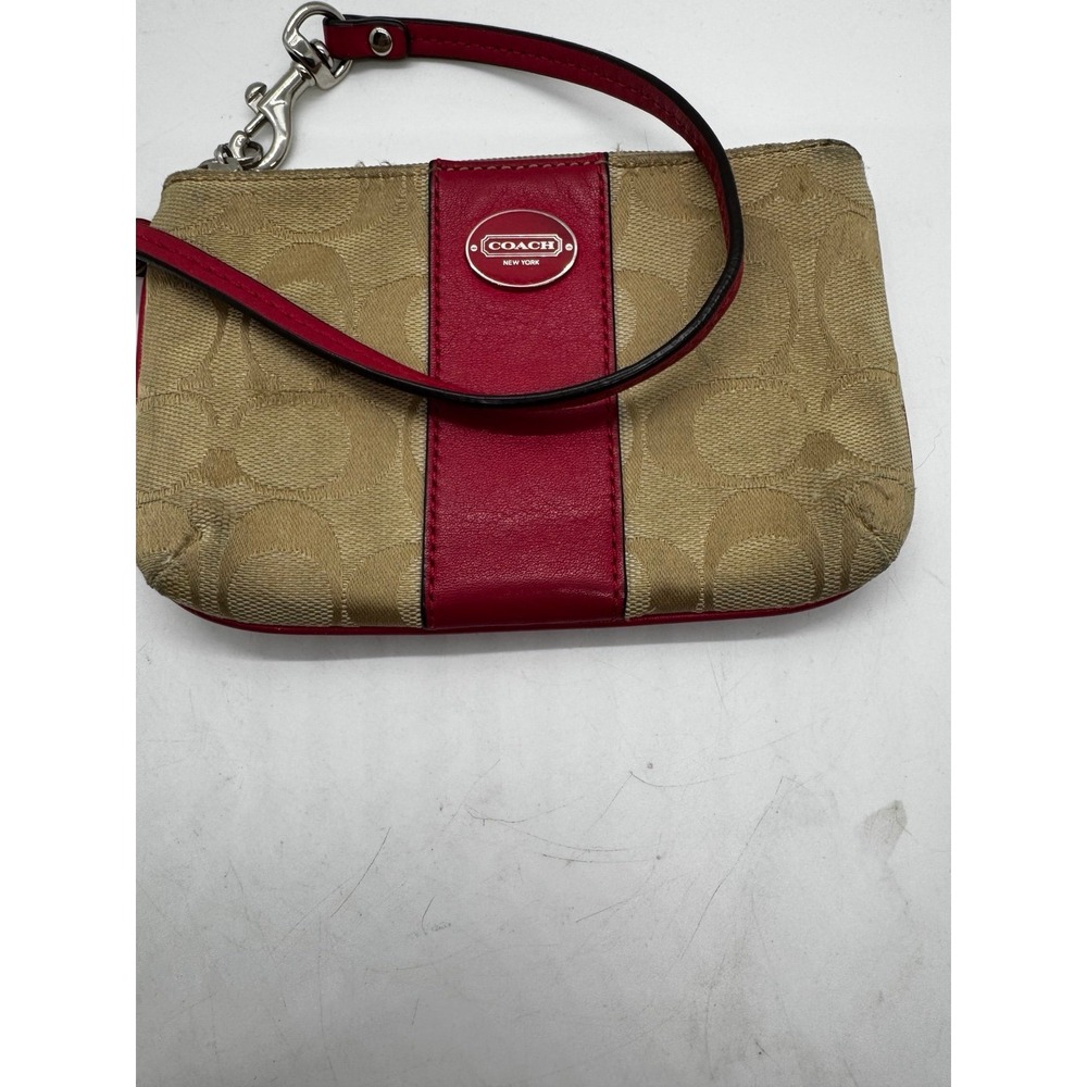 Coach Signature C Stripe Wristlet Brown/pink Canvas Leather Small Zip Pouch A7